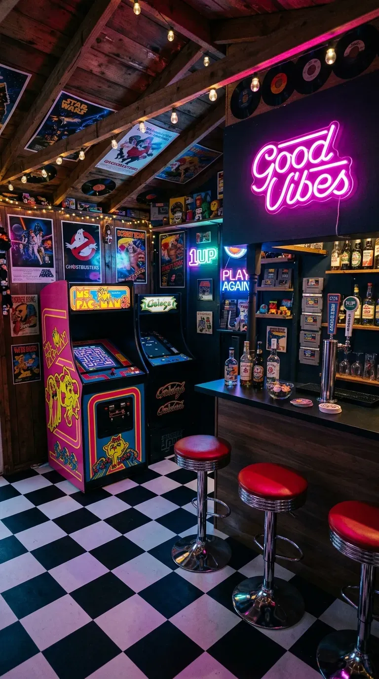 12 Aesthetic Backyard Pub Shed Ideas to Transform Your Yard 11 Retro backyard shed arcade bar with neon lights and checkerboard floor