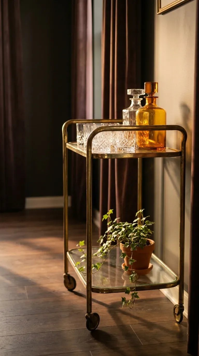 brass framed vintage bar cart styled with glassware in a dining room corner