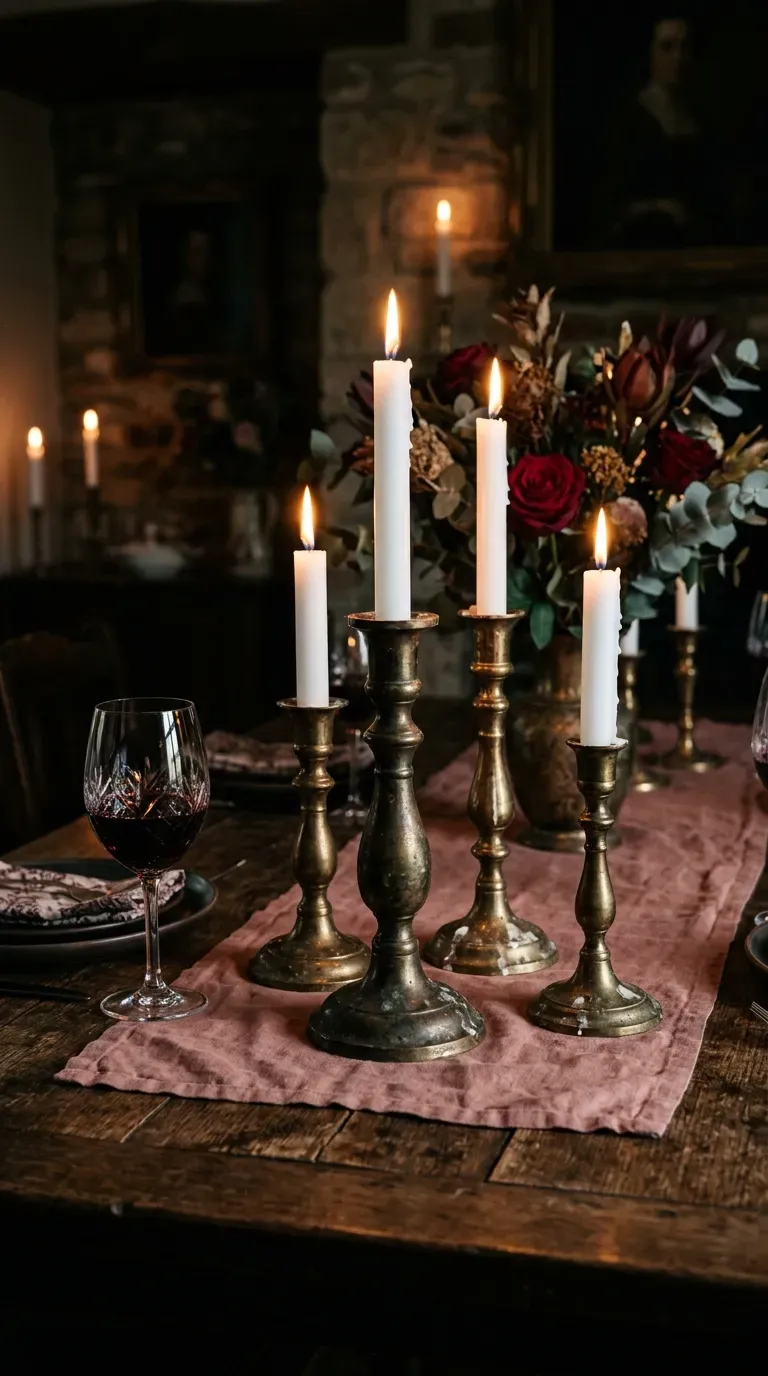 Tarnished vintage brass candlesticks with white taper candles on a table