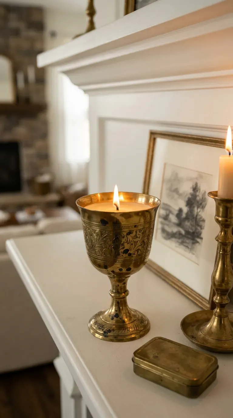 10 Modern DIY Soy Candle Ideas That Are Big in 2026 9 vintage engraved brass goblet filled with soy wax and a burning wick on a mantle