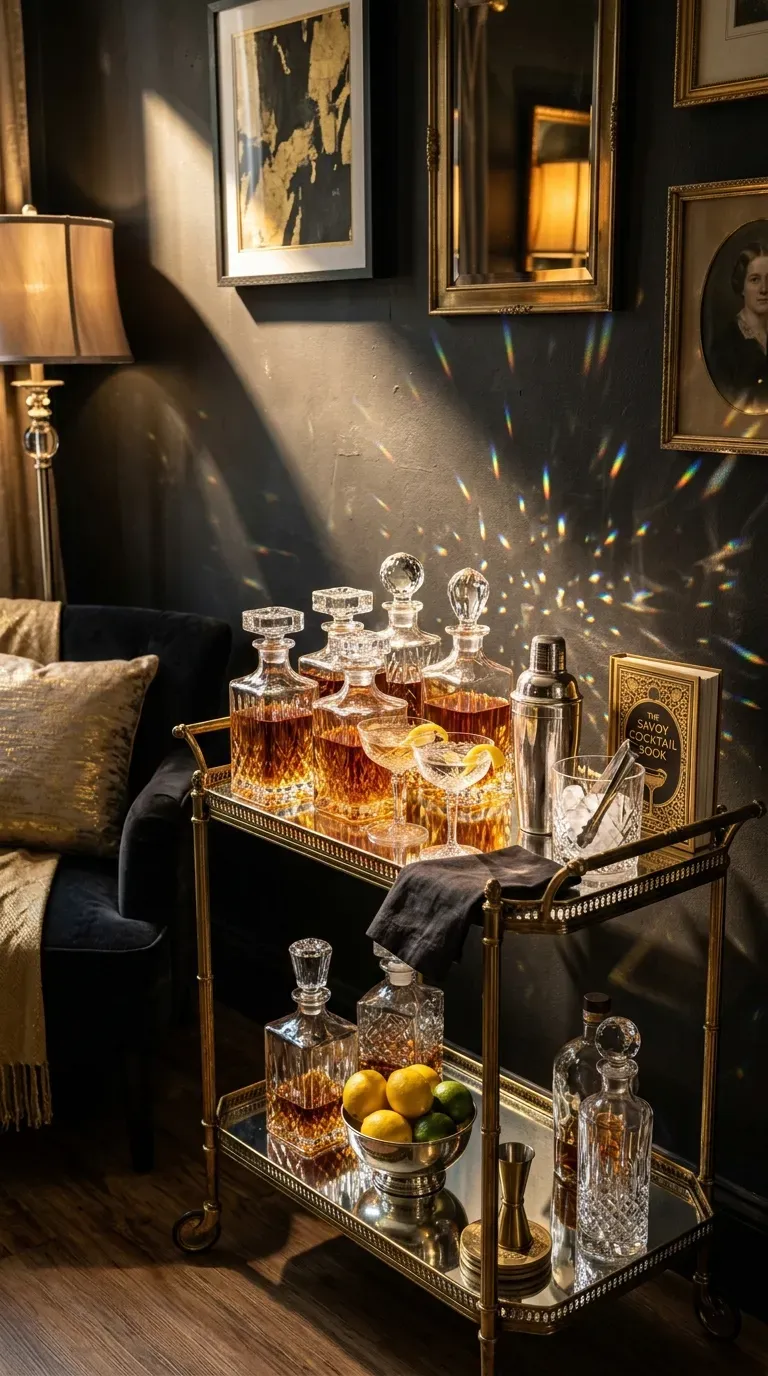 Sparkling vintage crystal decanters sitting on a mirrored brass bar cart