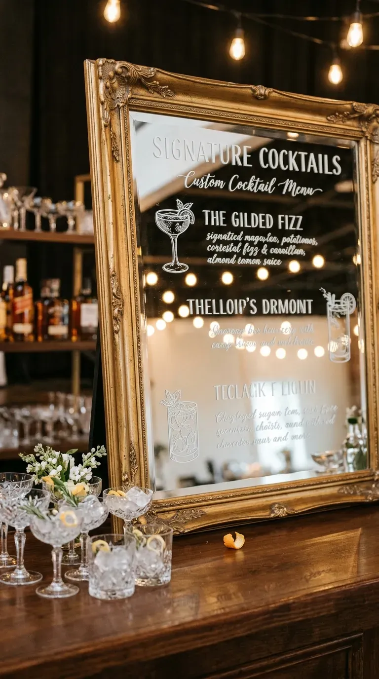 11 Gorgeous Wedding Cricut Projects You'll Want to Copy 11 ornate gold framed mirror with white vinyl signature cocktail menu behind a wedding bar