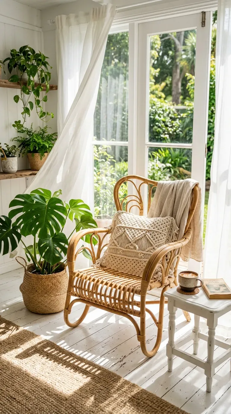 Vintage woven rattan accent chair styled in a bright, leafy sunroom