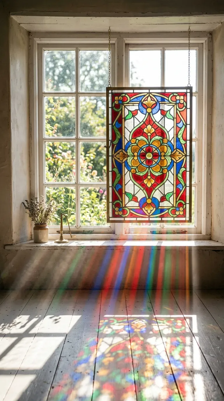 Vibrant stained glass panel hanging in a sunlit window casting colored light