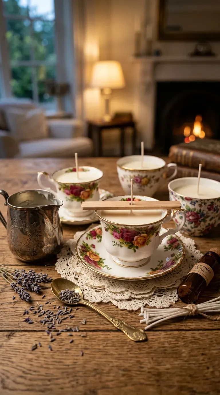 12 Aesthetic Craft Night Ideas for a Dreamy Evening 6 Ornate vintage teacups filled with freshly poured soy wax