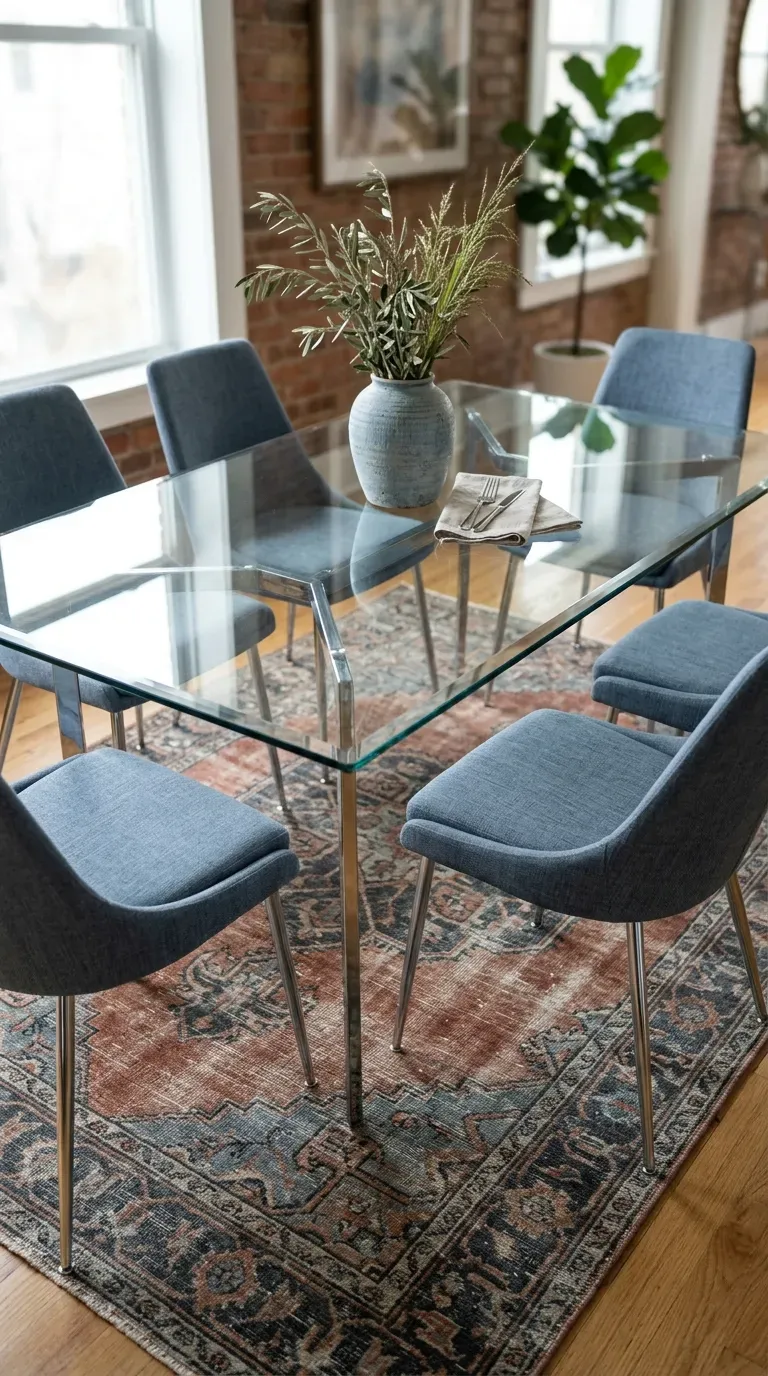vintage muted Turkish rug placed beneath a modern glass and chrome dining table
