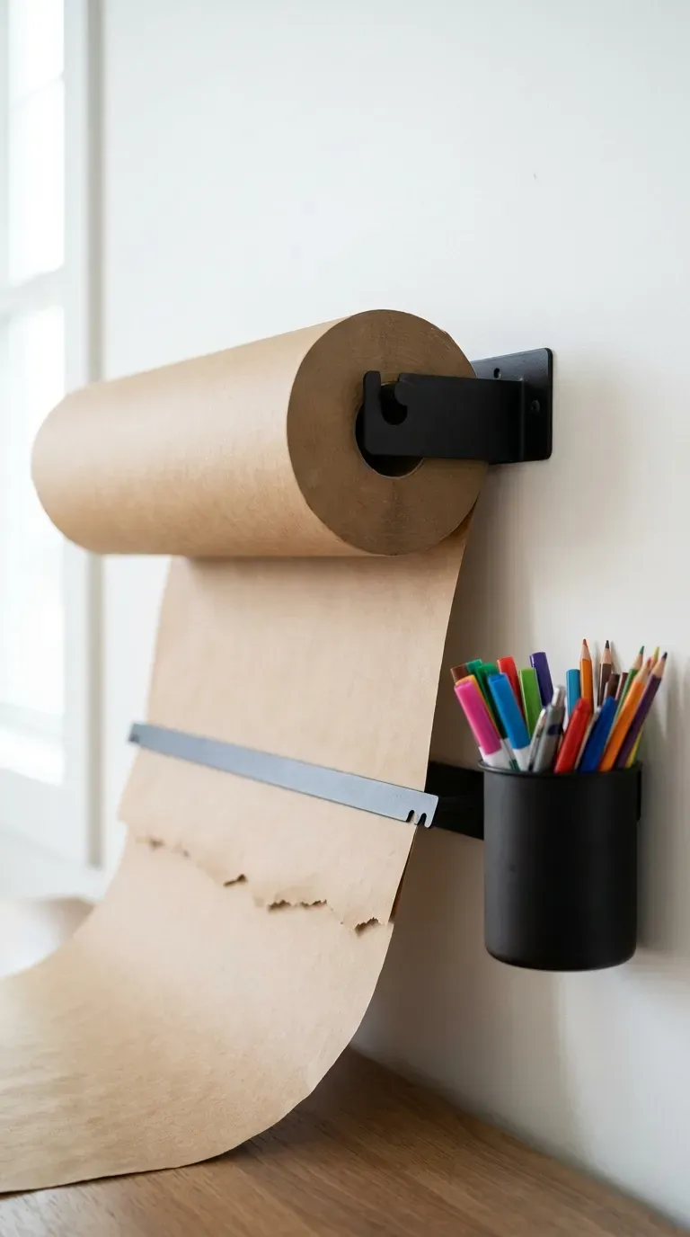 13 Genius Homeschool Room Ideas You Will Want to Copy ASAP 11 wall mounted brown kraft paper roll dispenser pulled down for timeline drawing