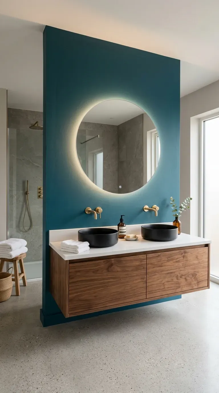Floating walnut bathroom vanity set against a dark teal wall
