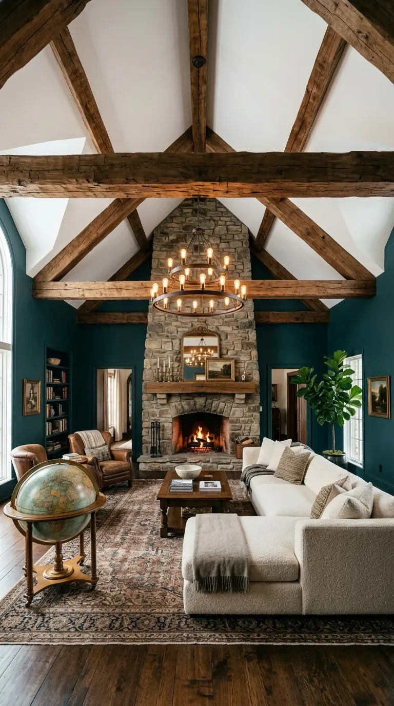 Exposed heavy walnut ceiling beams in a teal painted living room