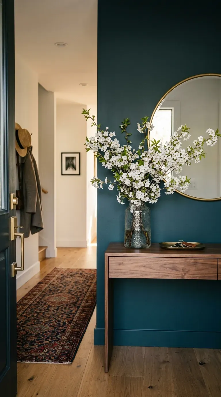 Sleek walnut entryway console table against a dark teal wall