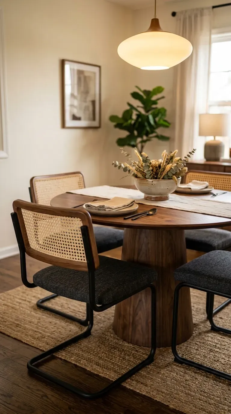 round dark walnut pedestal dining table surrounded by modern cane back dining chairs