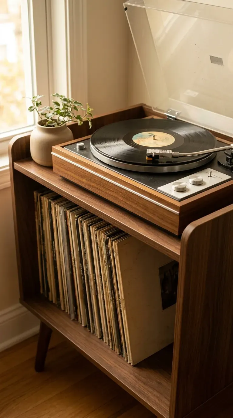 12 Stunning Retro Bedroom Ideas That Look Insanely Chic 7 mid century walnut turntable stand with vinyl records displayed in a retro bedroom