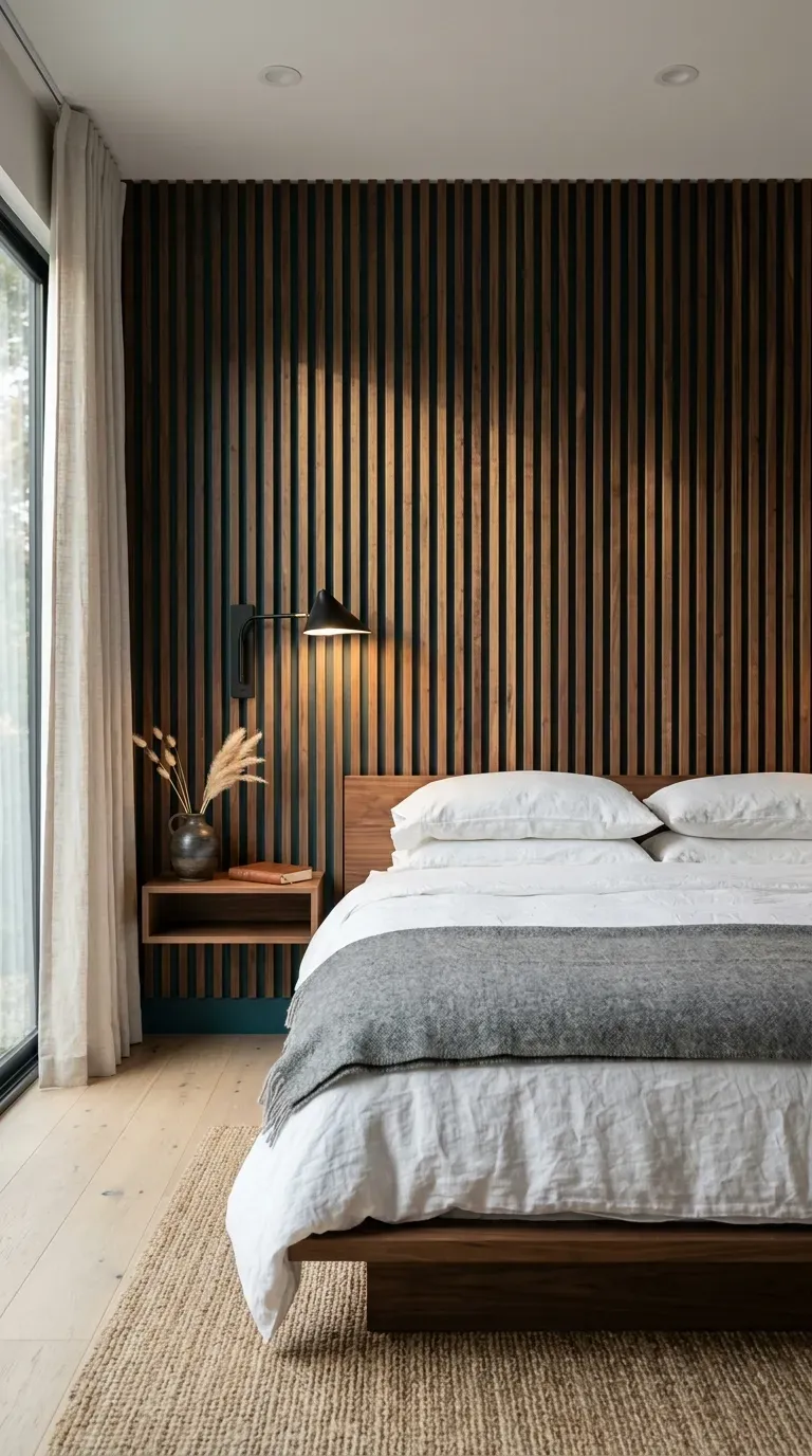 Vertical walnut slat wall over a dark teal painted background