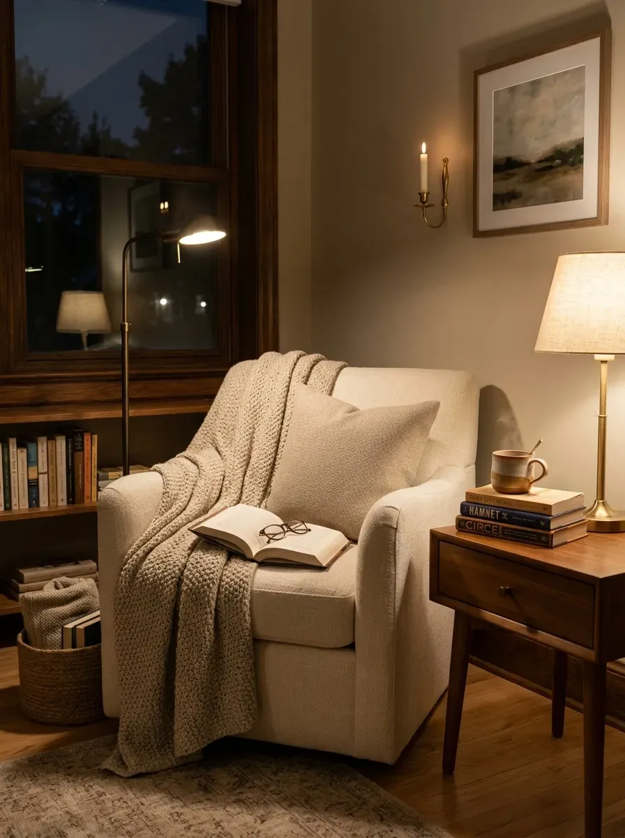 Warm cozy reading nook with comfortable chair floor lamp table lamp books and soft evening lighting.