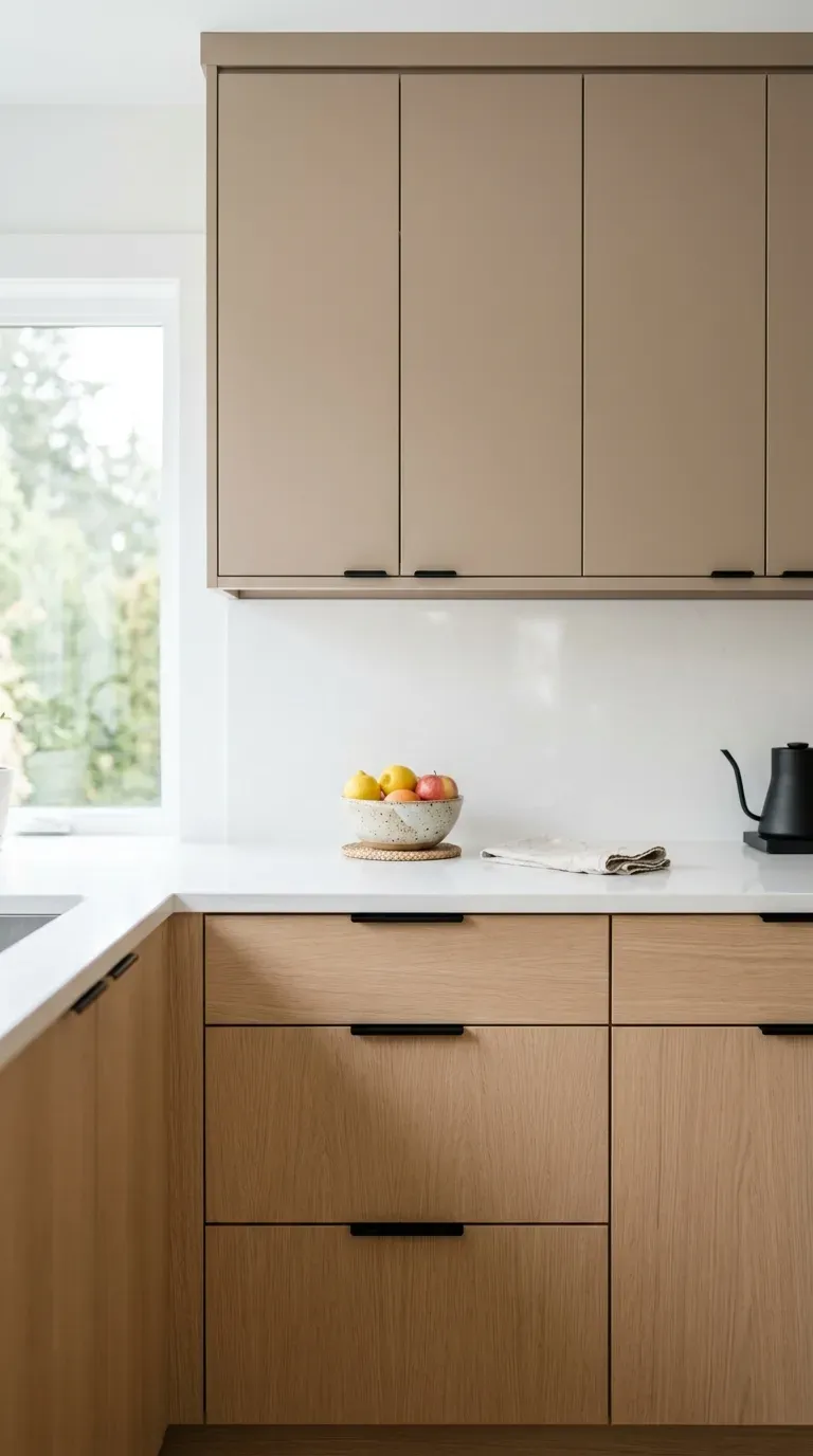 10 Modern Kitchen Color Ideas That Are Trending for 2026 1 two tone modern kitchen with warm mushroom upper cabinets and pale oak base