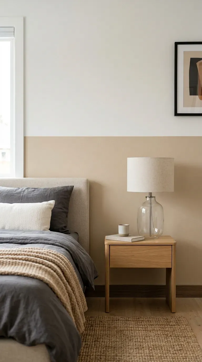 two tone painted bedroom wall with warm sand on the lower half and alabaster above