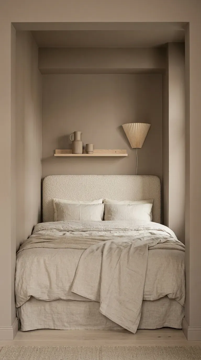 11 Cozy Color Drenched Interior Ideas for Small Spaces 8 studio apartment sleeping alcove drenched in warm taupe paint with matching ceiling and trim
