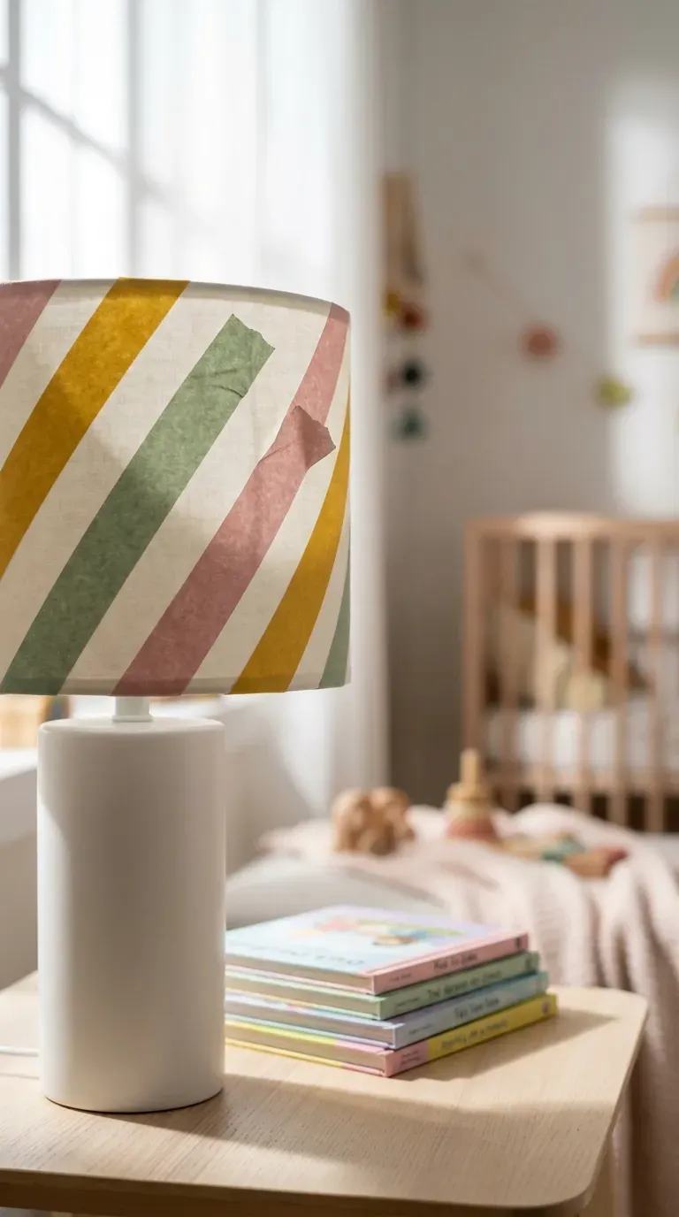 11 Creative DIY Lampshades That Look Store-Bought 10 lampshade decorated with colorful diagonal washi tape stripes in a kids room