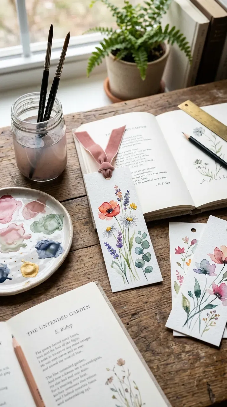 12 Aesthetic Craft Night Ideas for a Dreamy Evening 9 Watercolor paper bookmarks with delicate painted flowers and ribbons