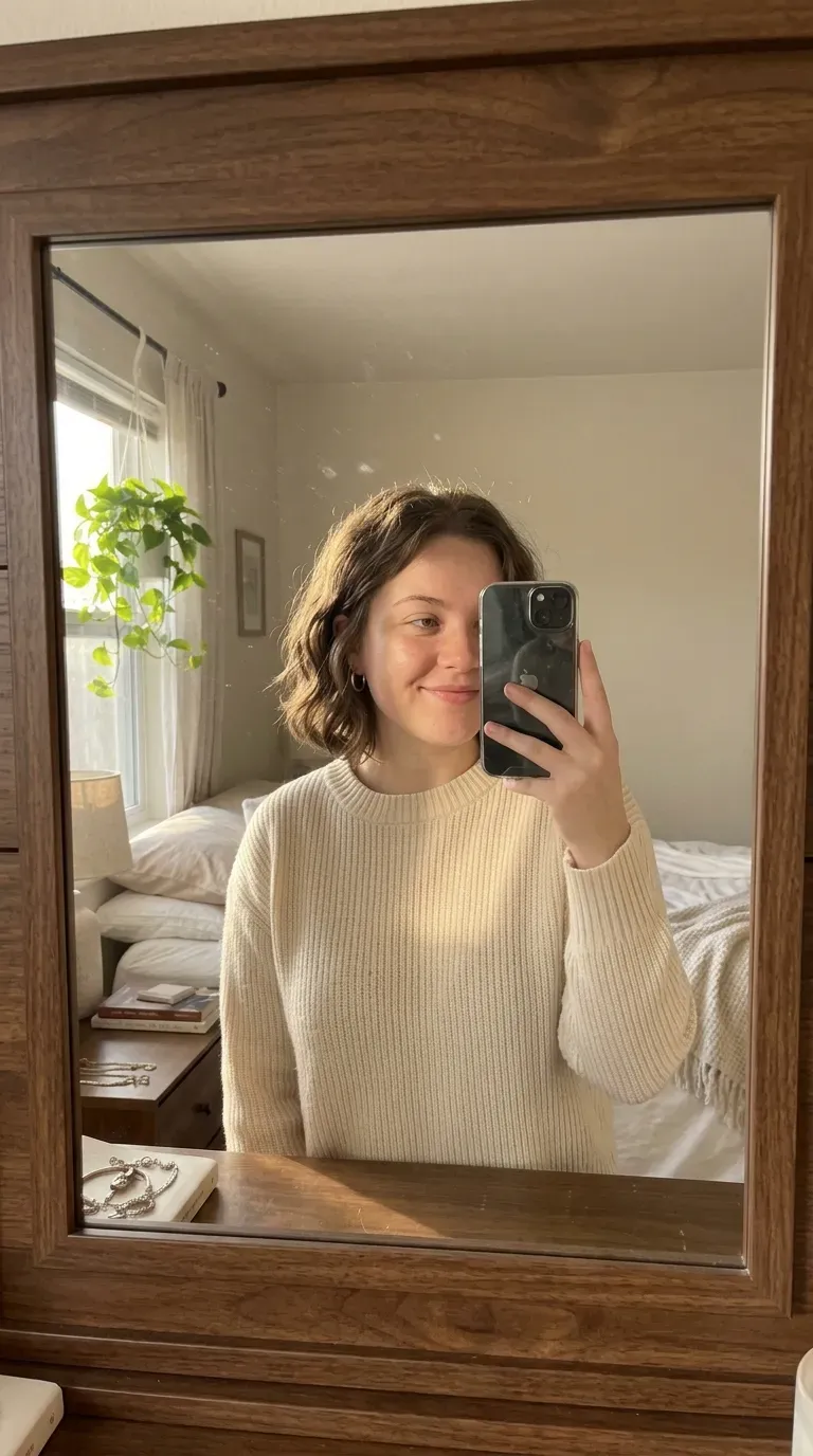Woman taking an iPhone mirror selfie showing a soft wavy chin-length bob with natural movement.