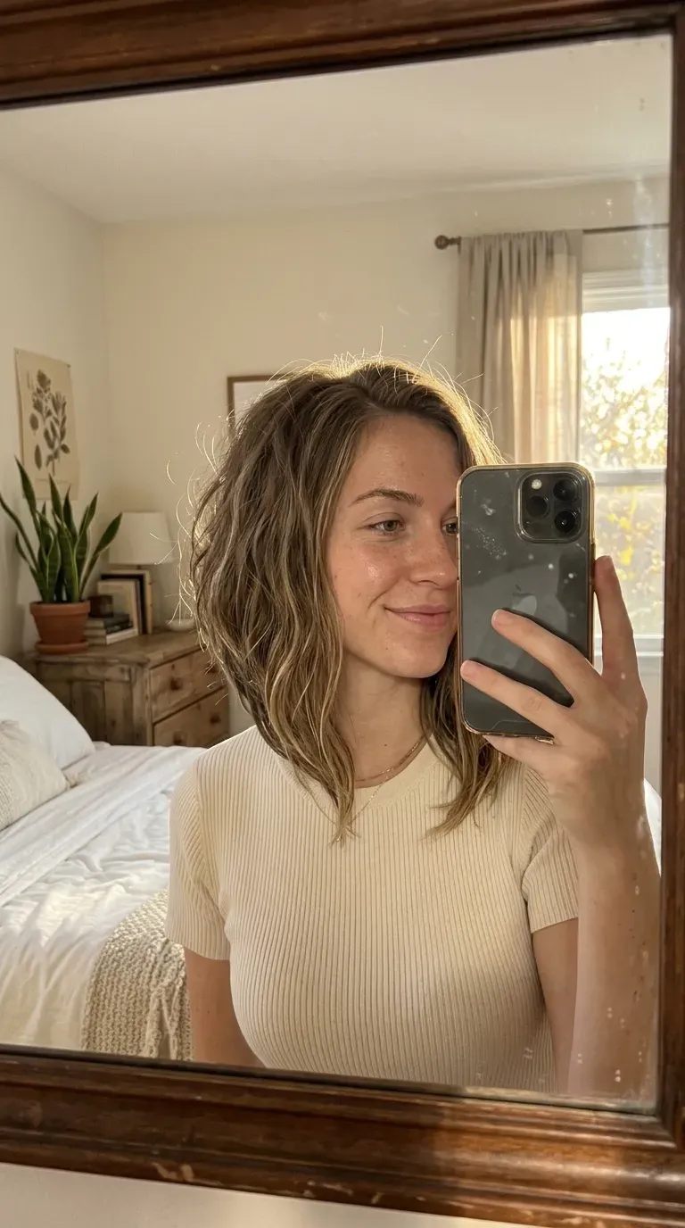 Woman taking an iPhone mirror selfie showing a wavy long angled bob with soft face-framing movement.