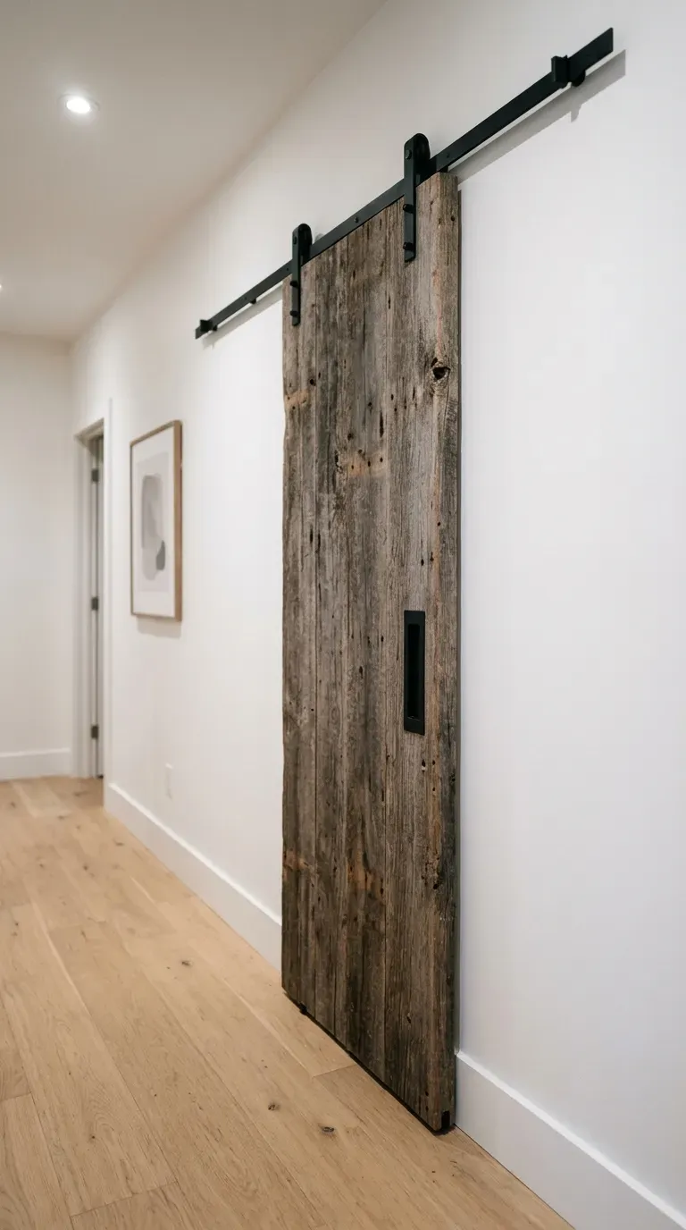 weathered gray reclaimed wood sliding barn door mounted on a sleek black track
