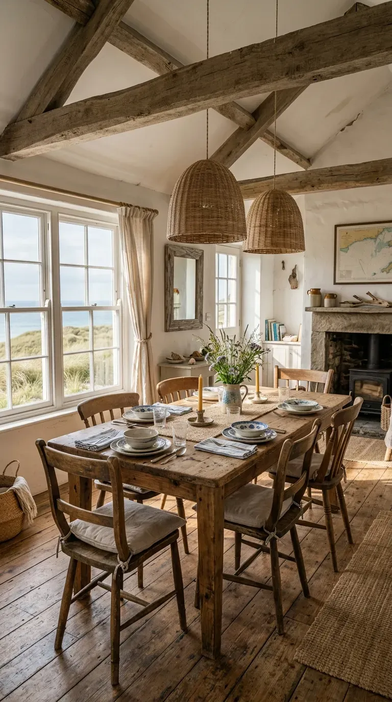 Coastal Cottage Design: 10 Stylish Ideas to Create a Relaxed Seaside Home 3 Coastal cottage interior featuring weathered wood furniture exposed wood details and relaxed seaside decor.