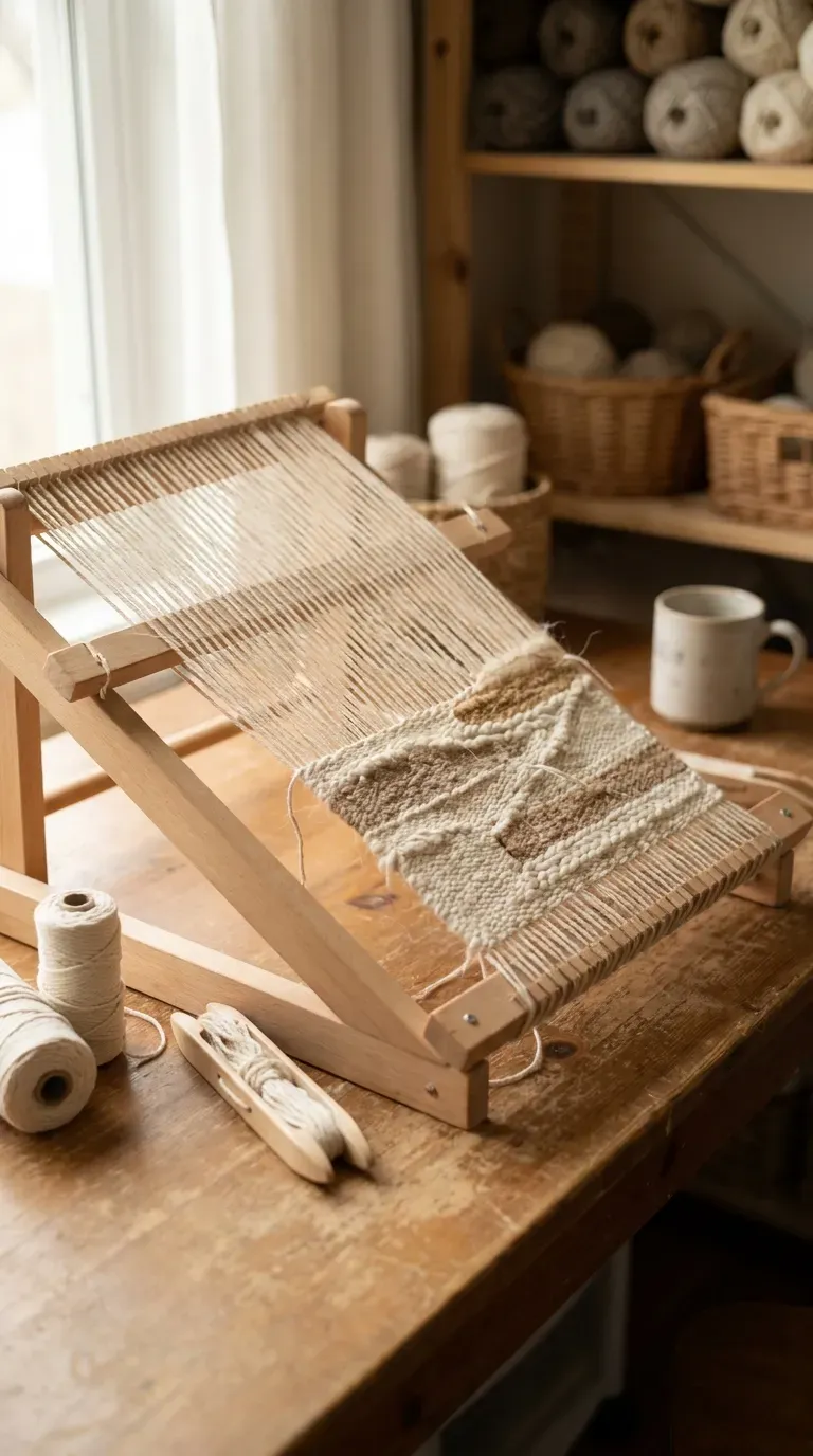 13 Craft Outing Ideas Every Maker Will Love 10 wooden weaving loom with natural cotton cord in a craft studio setting