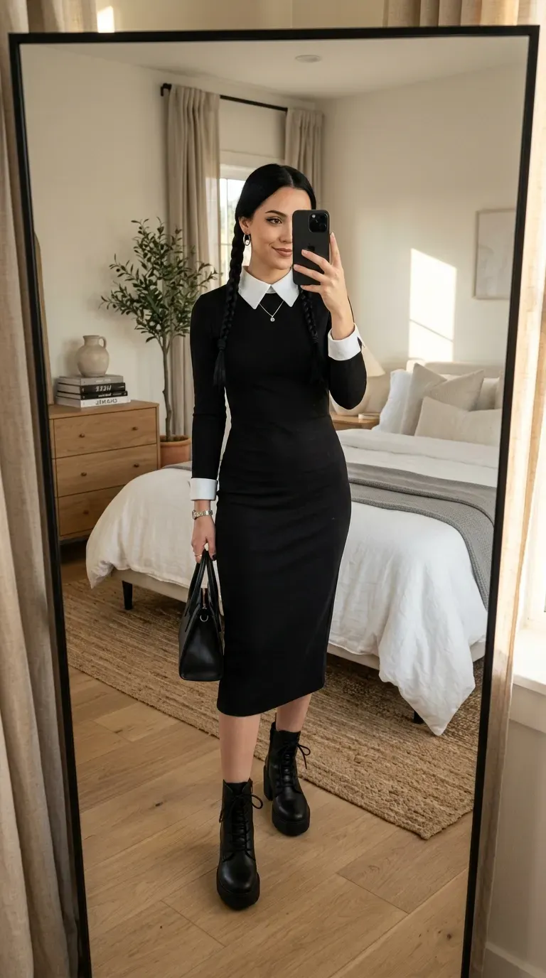 Woman wearing sophisticated Wednesday-inspired black dress and platform boots.