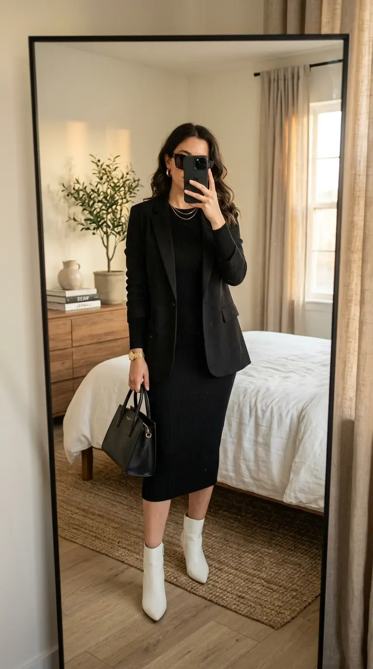 Woman wearing white boots with all-black outfit for a striking modern fashion look.