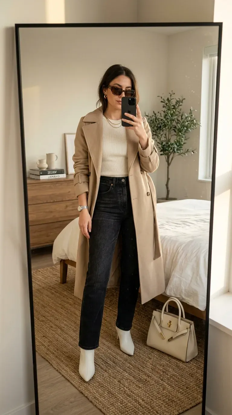 Woman wearing white boots with beige trench coat for elegant neutral fall style.