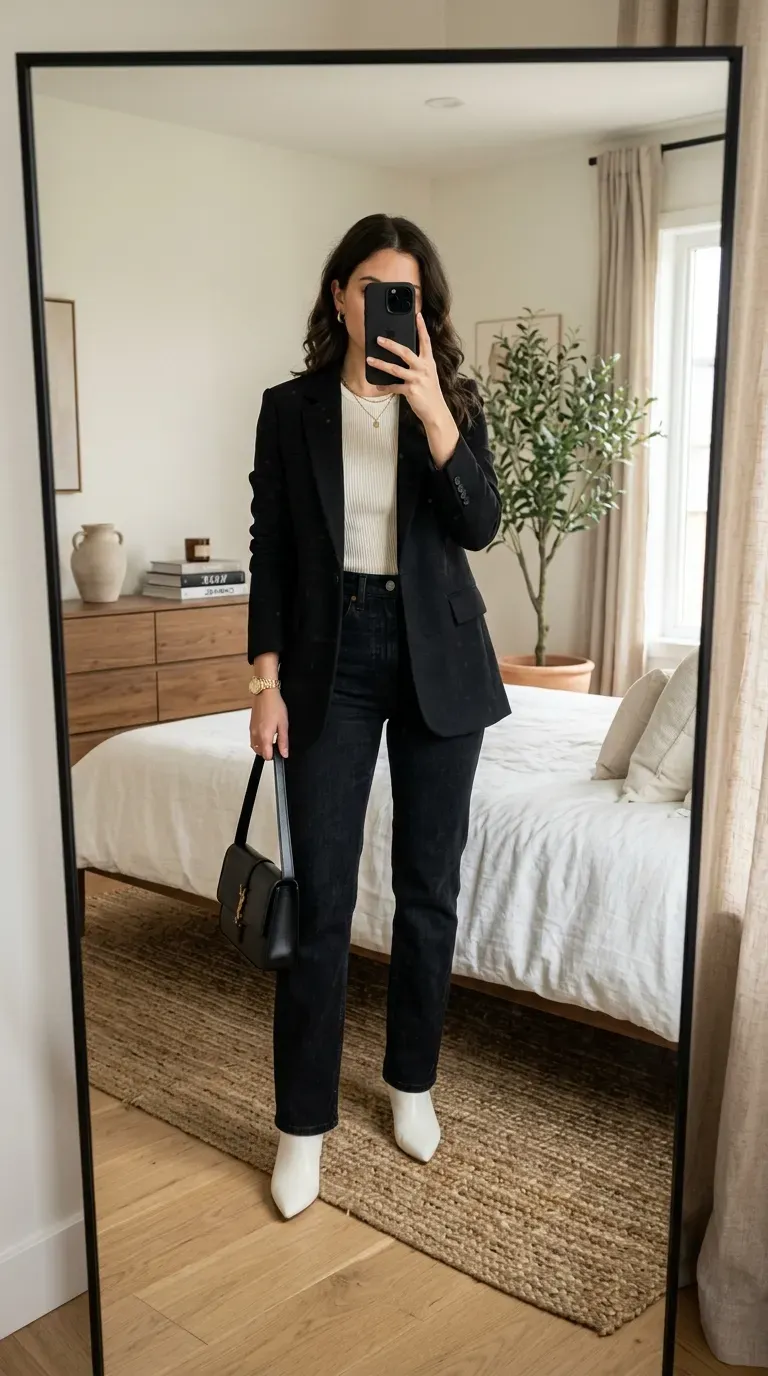 Woman wearing white boots with black jeans and blazer for modern chic style.