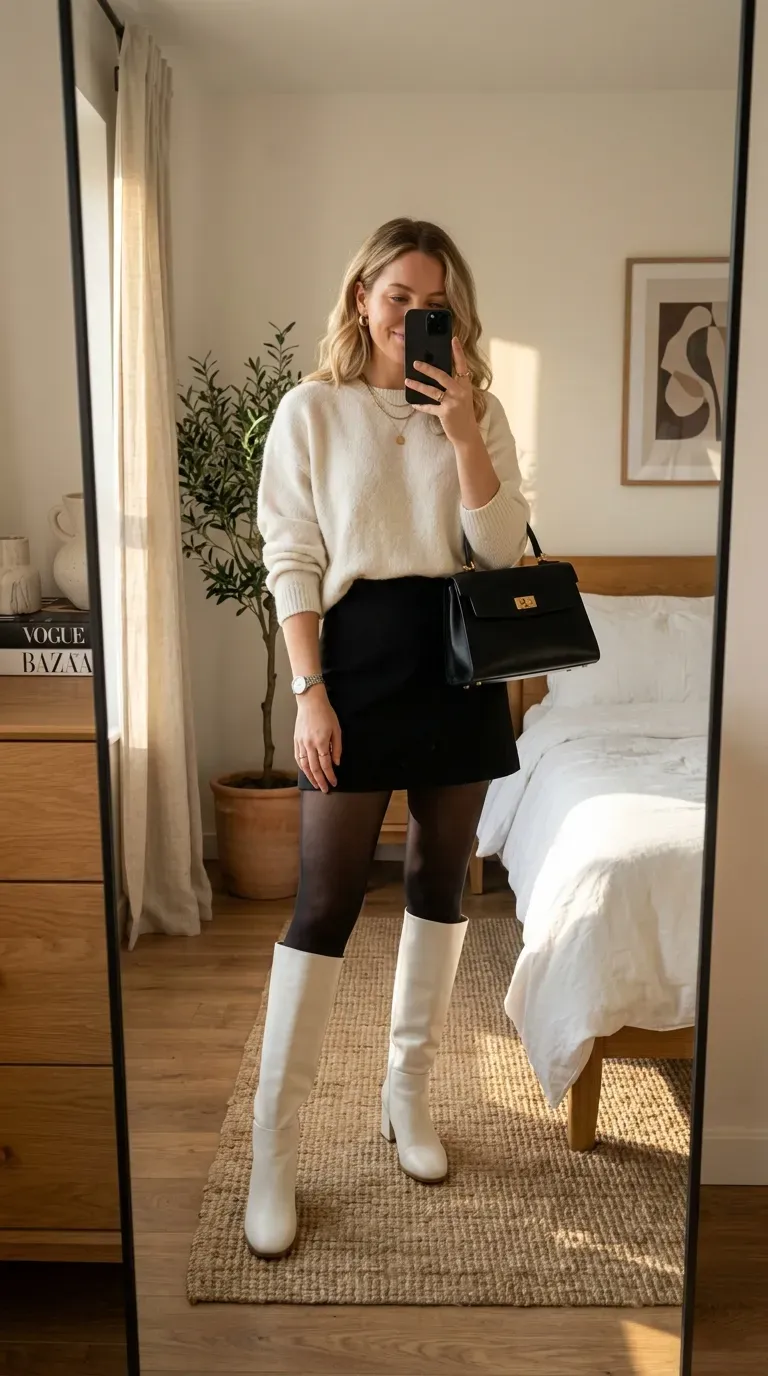 Woman wearing white knee-high boots with black mini skirt and sweater for chic style.