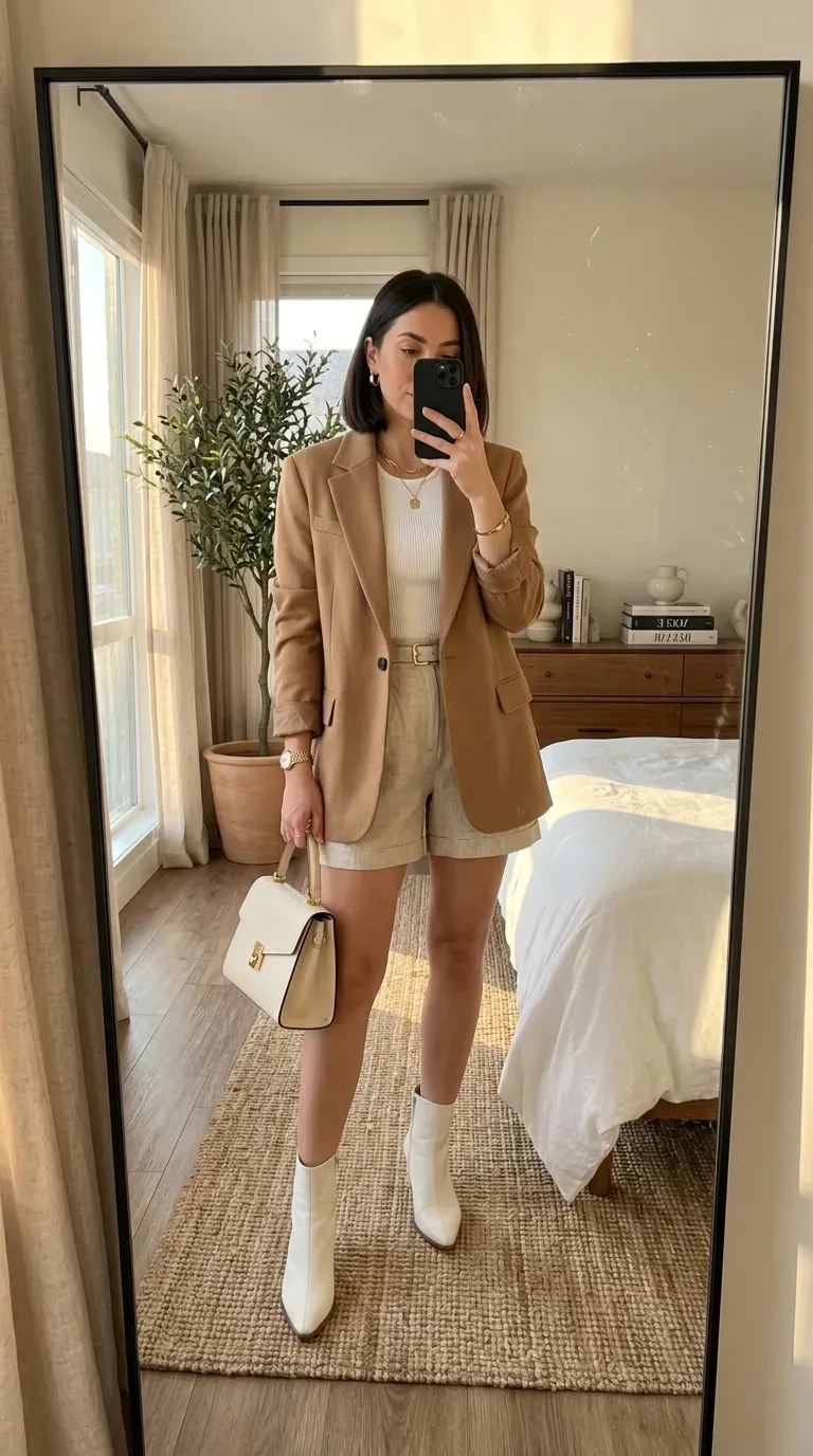 Woman wearing white ankle boots with tailored shorts and blazer for chic transitional style.