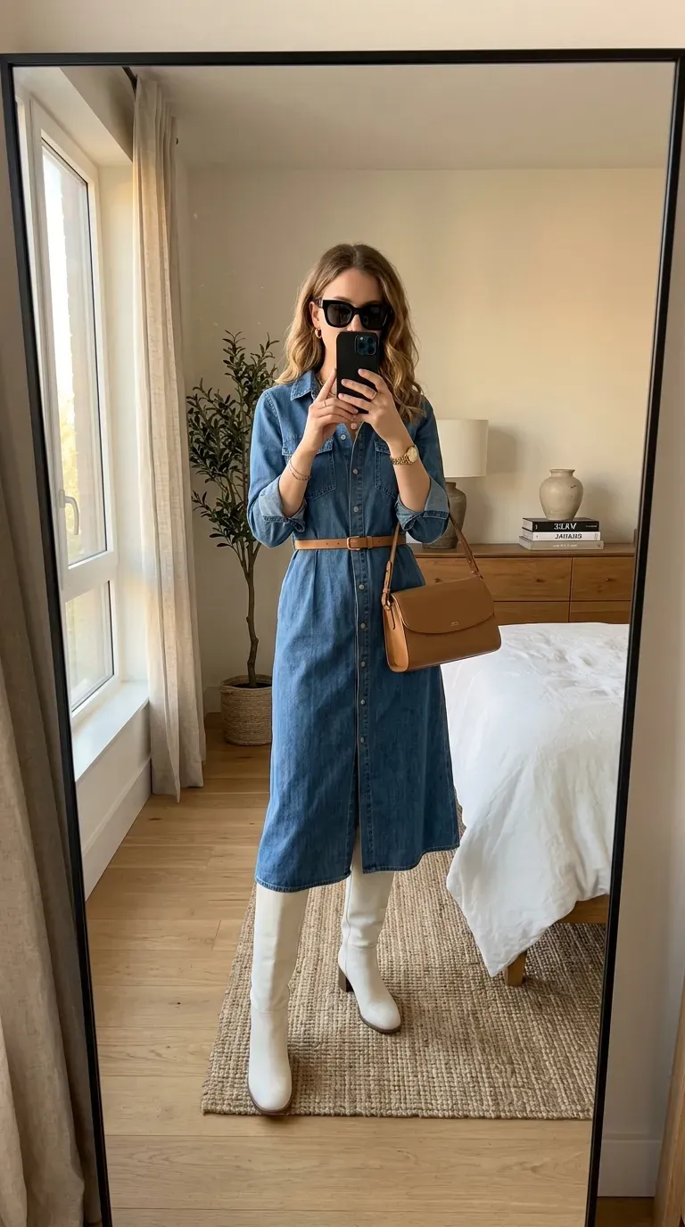 Woman wearing white boots with denim midi dress for casual polished style.