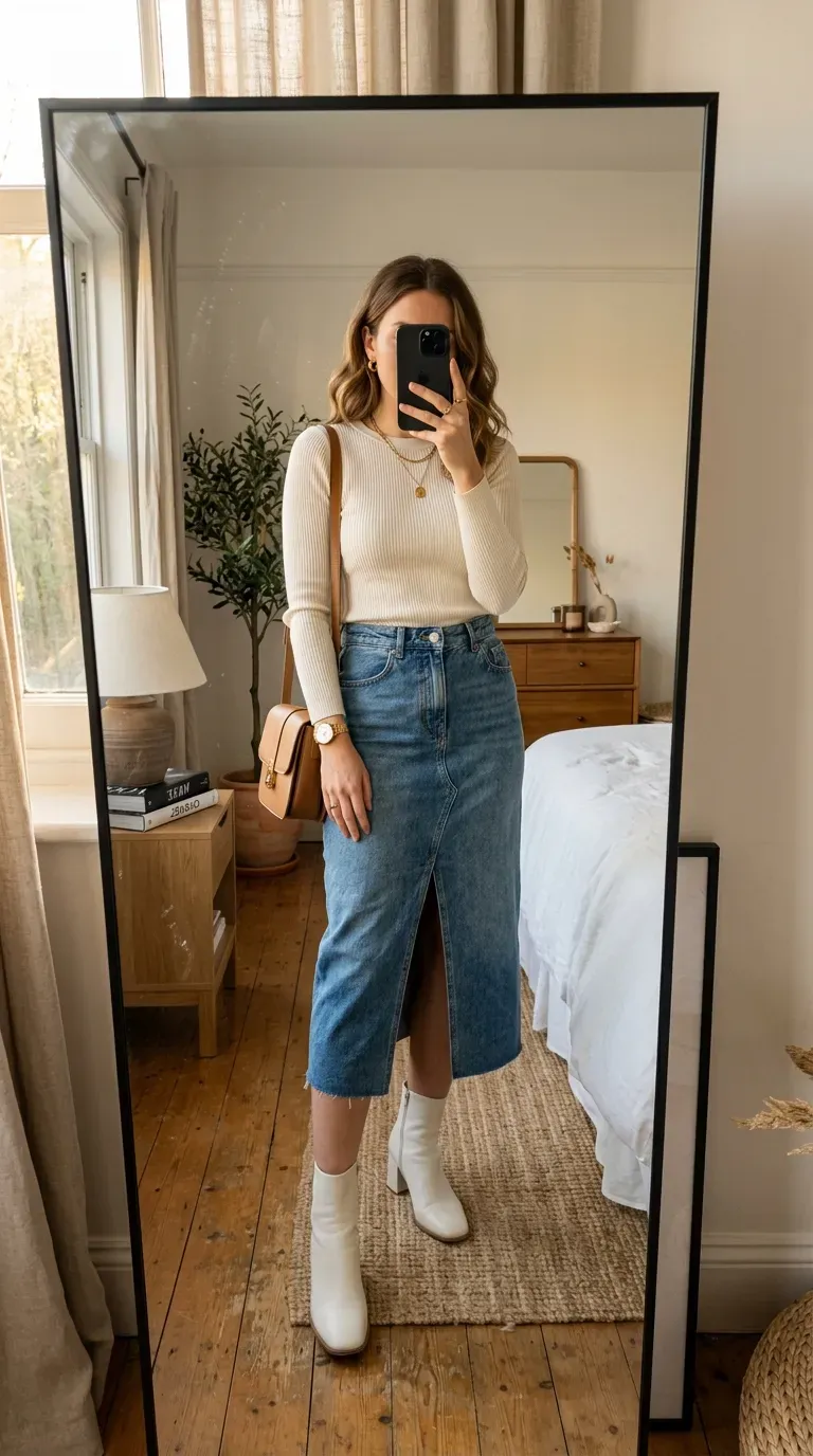 Woman wearing white ankle boots with denim midi skirt and sweater for chic casual style.