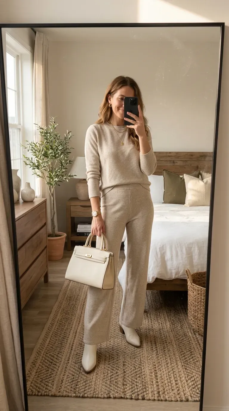 Woman wearing white boots with neutral knit set for cozy sophisticated everyday style.