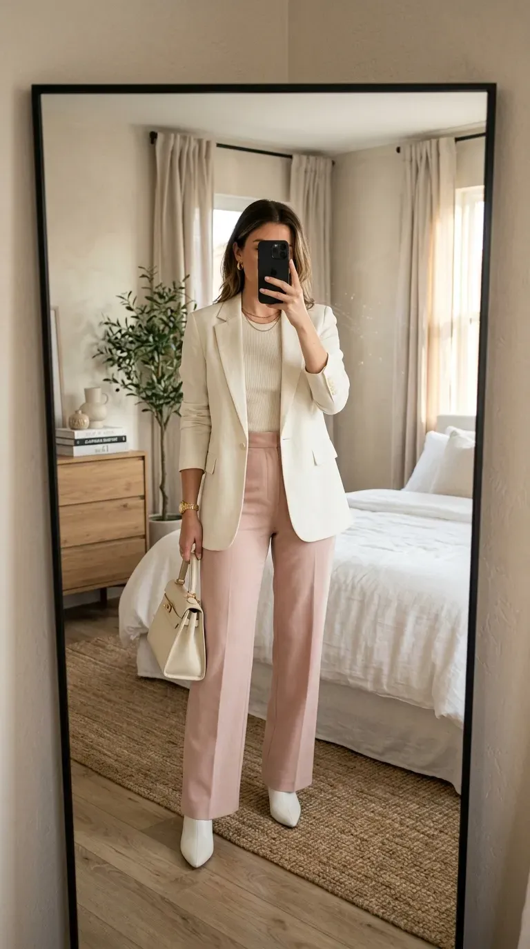 Woman wearing white boots with pink pants and cream top for chic colorful style.