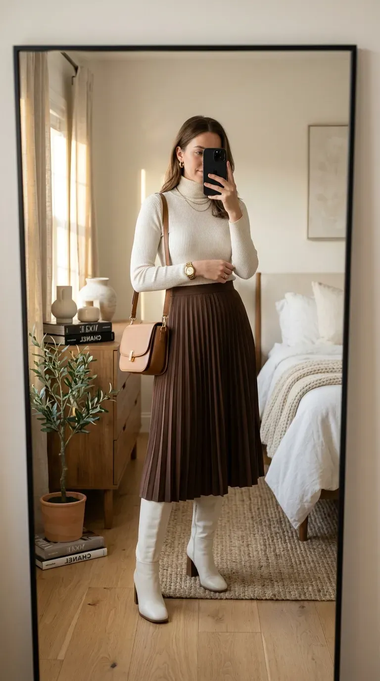 Woman wearing white boots with pleated midi skirt and sweater for feminine fall style.