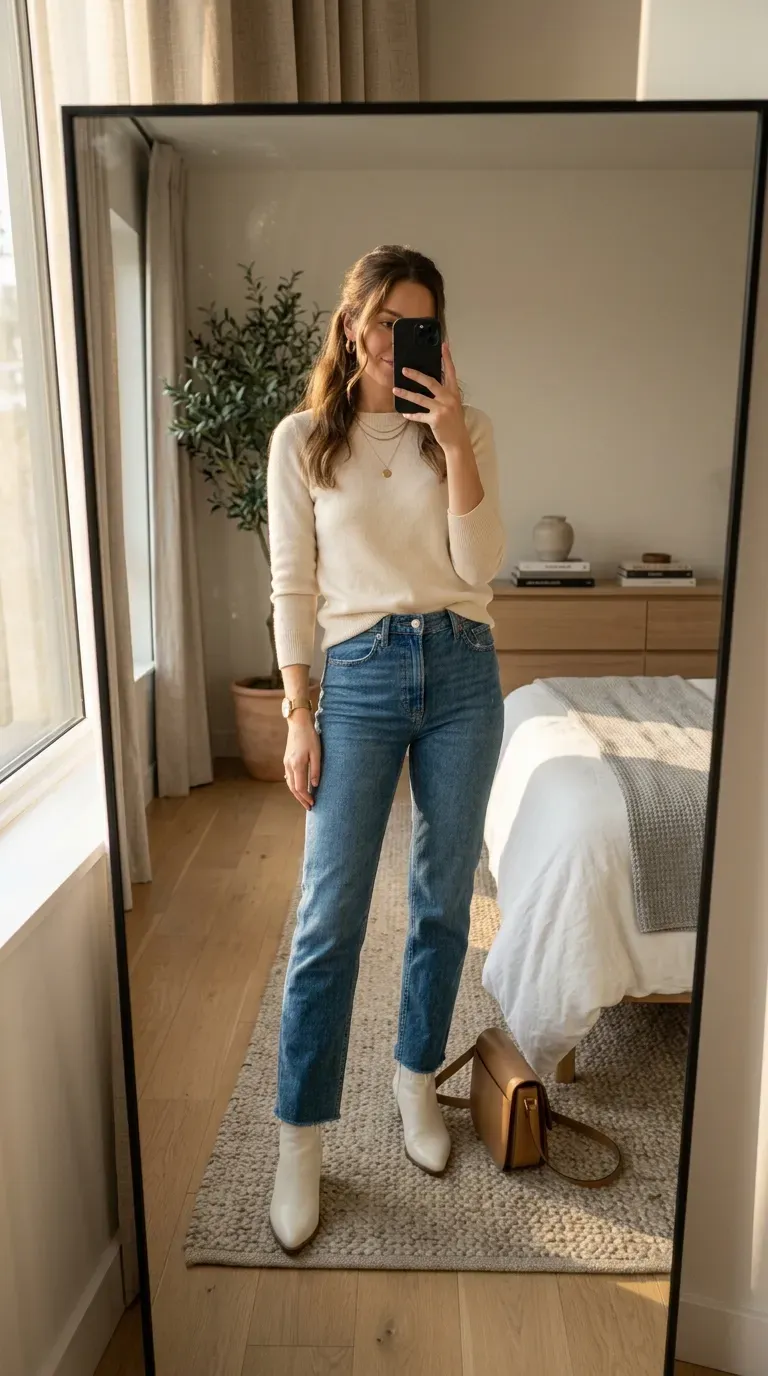Woman wearing white boots with straight-leg jeans and sweater for chic everyday style.