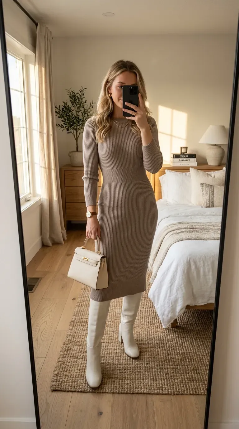 Woman wearing white knee-high boots with sweater dress for cozy elegant fall style.