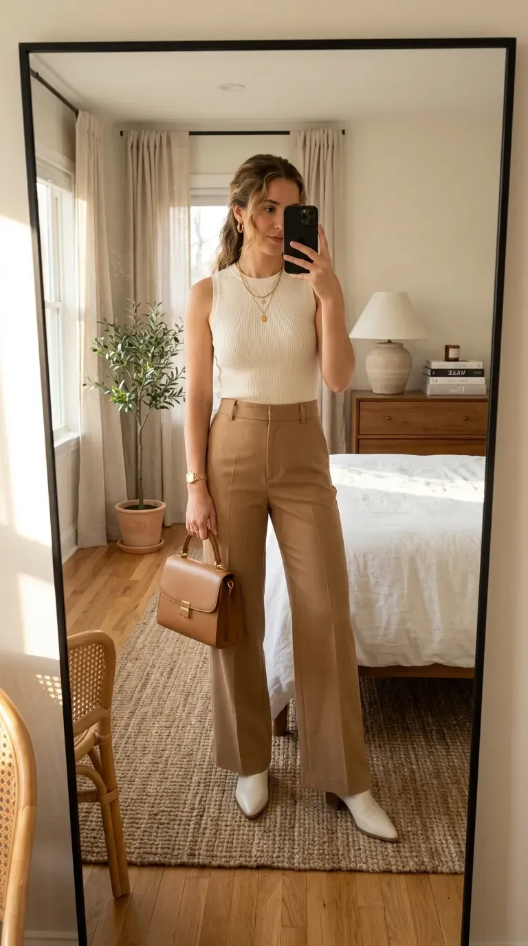 Woman wearing white ankle boots with wide-leg trousers and fitted top for elegant style.