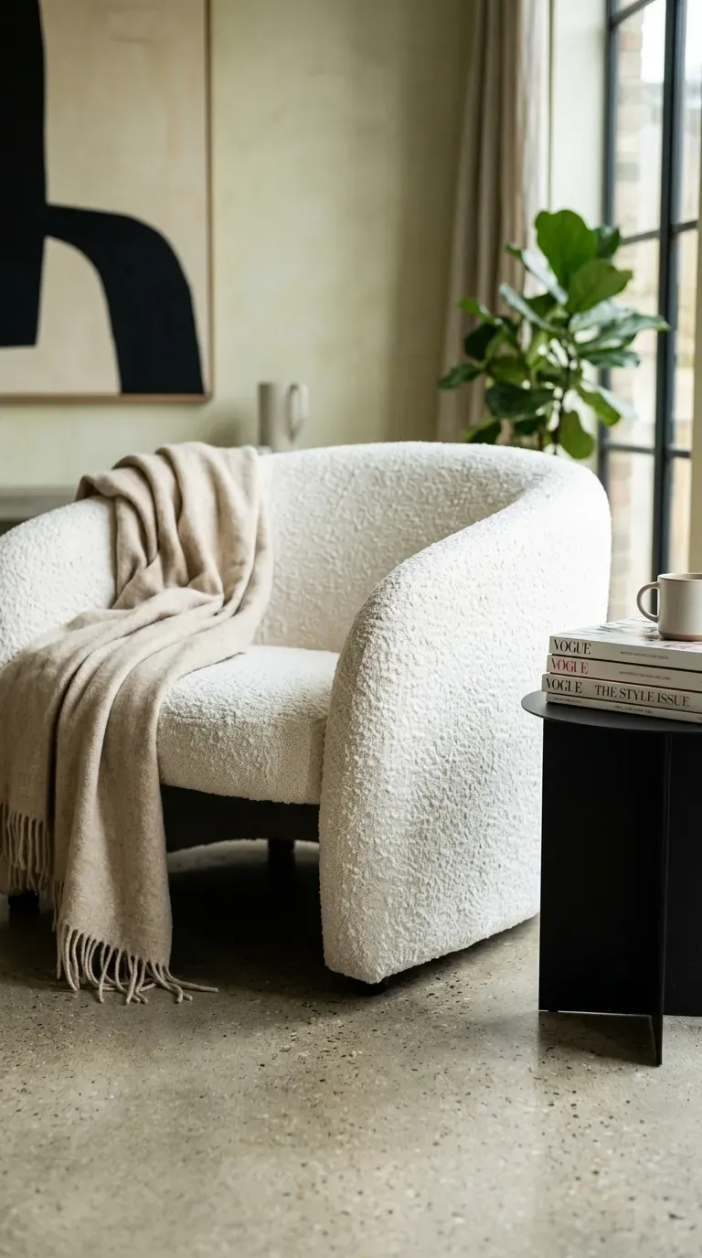 16 Genius Minimalist Living Room Ideas You Need to Try 15 Curved white boucle lounge chair in a modern minimalist space