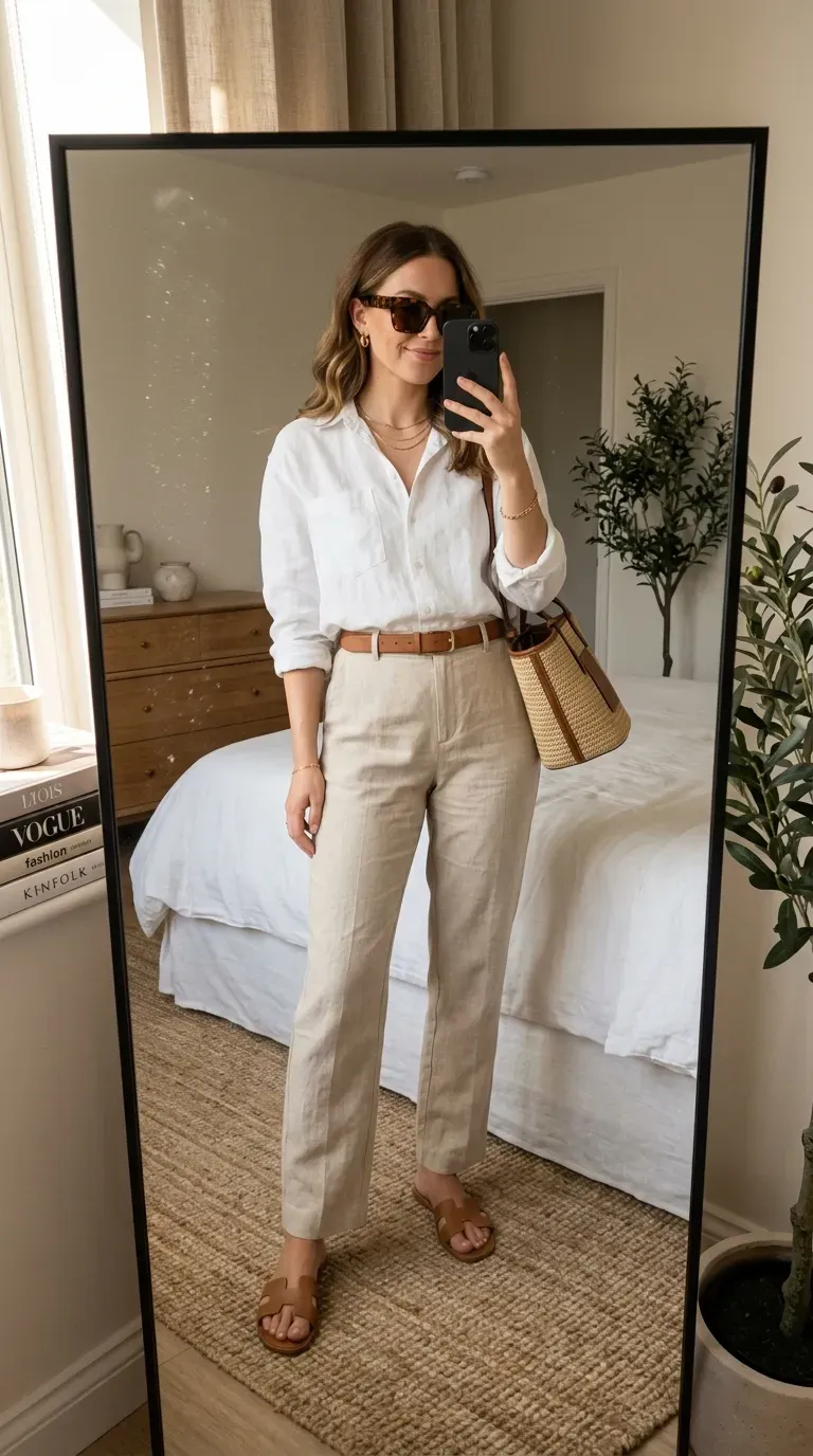White Button Down Shirt Outfit Ideas: 11 Chic Ways to Style a Classic 6 Woman wearing white button-down shirt with beige pants for elegant neutral everyday style.