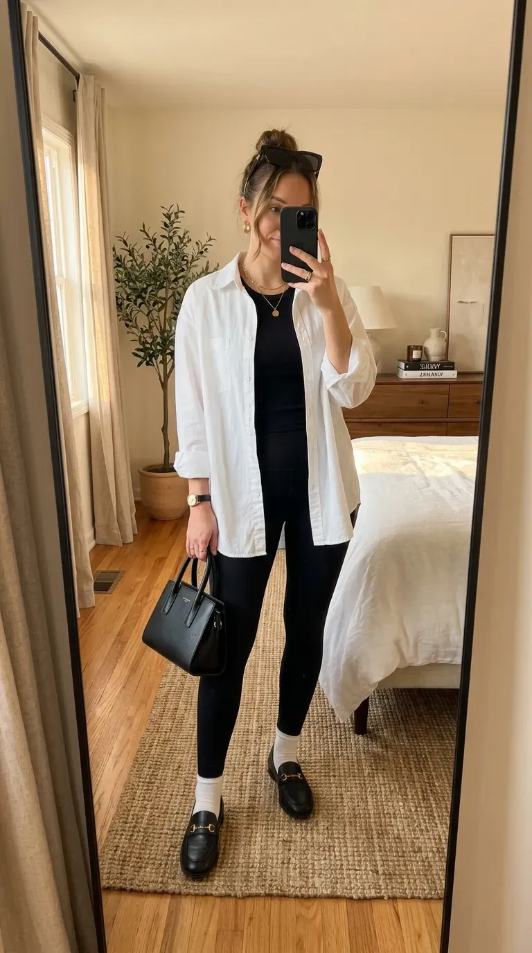 Woman wearing a white button-down shirt with black leggings for a polished casual outfit.