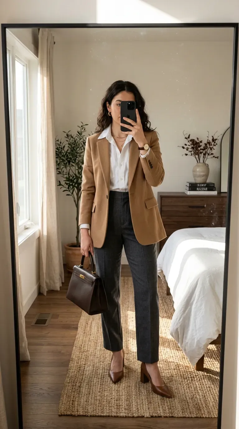 White Button Down Shirt Outfit Ideas: 11 Chic Ways to Style a Classic 12 Woman wearing white button-down shirt with blazer and trousers for polished office style.