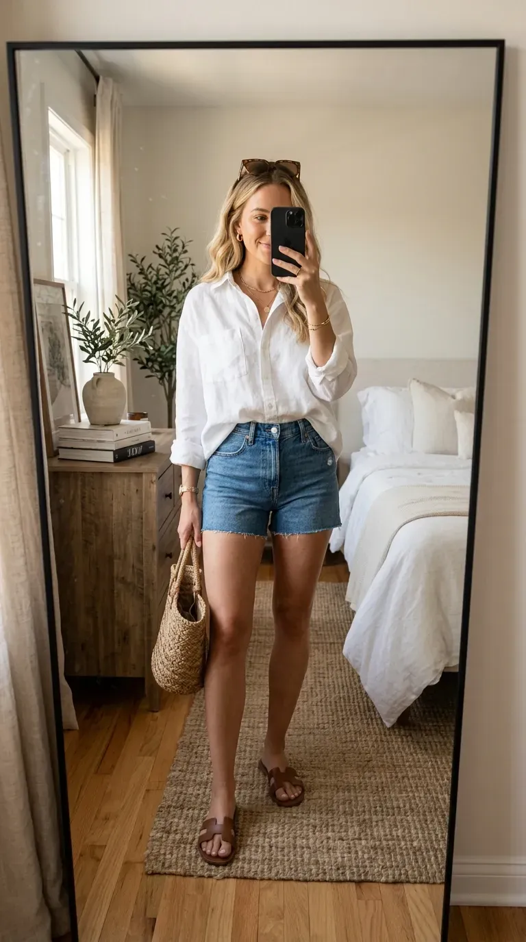 White Button Down Shirt Outfit Ideas: 11 Chic Ways to Style a Classic 11 Woman wearing white button-down shirt with denim shorts for relaxed summer style.