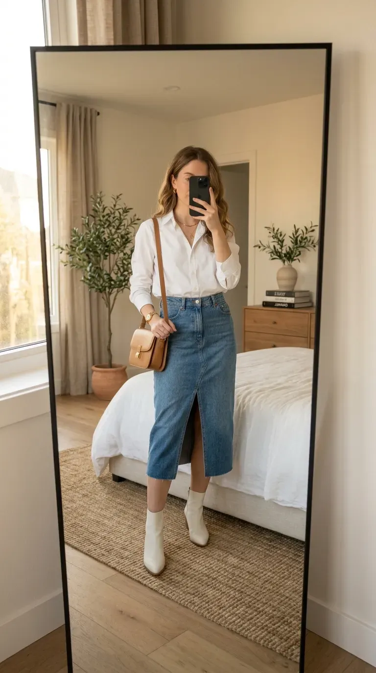 White Button Down Shirt Outfit Ideas: 11 Chic Ways to Style a Classic 4 Woman wearing white button-down shirt with denim midi skirt for chic everyday style.