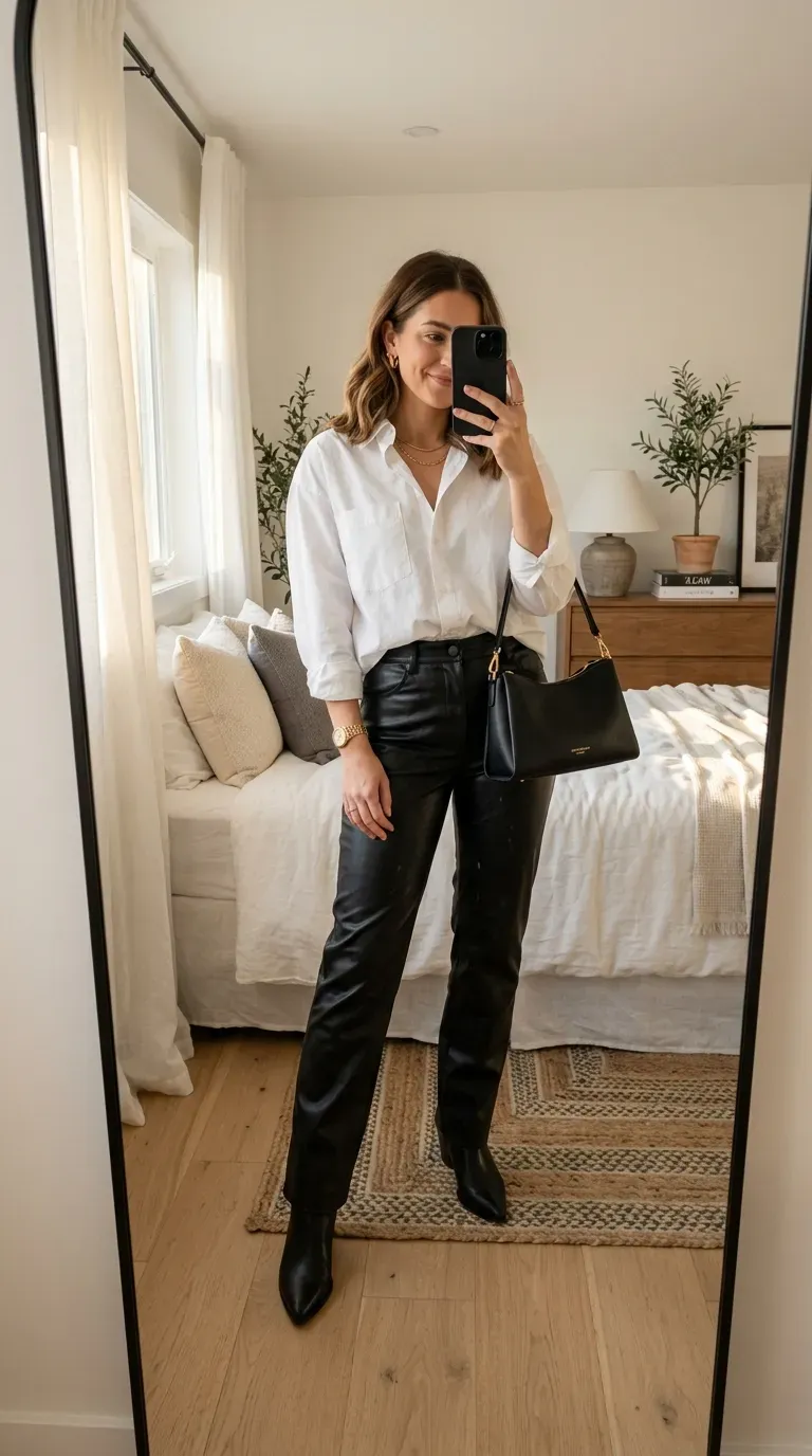 White Button Down Shirt Outfit Ideas: 11 Chic Ways to Style a Classic 10 Woman wearing white button-down shirt with leather pants for edgy sophisticated style.
