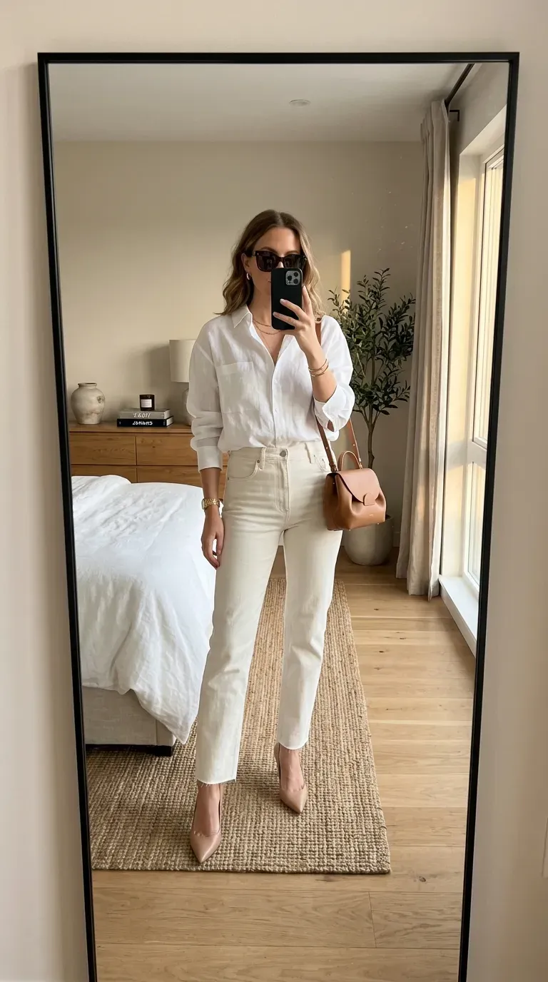White Button Down Shirt Outfit Ideas: 11 Chic Ways to Style a Classic 9 Woman wearing white button-down shirt with pleated skirt for elegant feminine style.